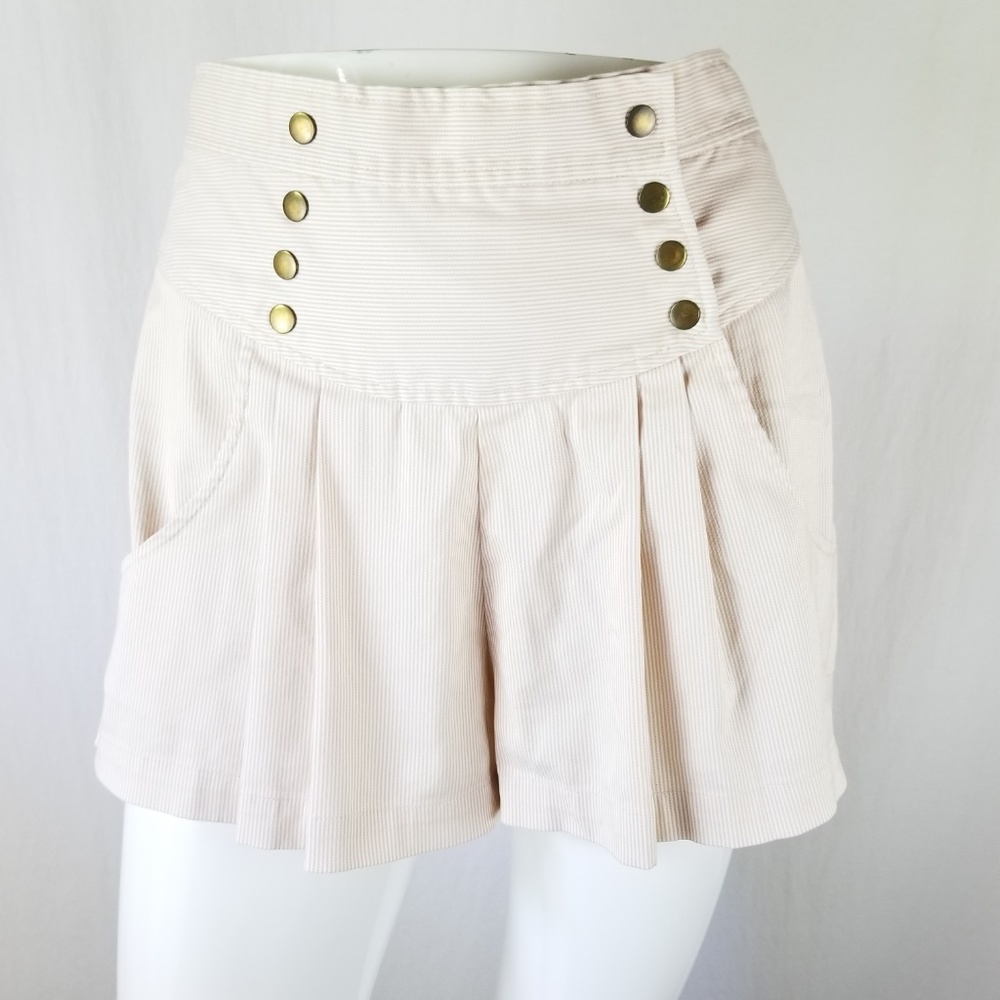Anthropologie Pleated High-Waist Skort with Brass Buttons — Light Beige
